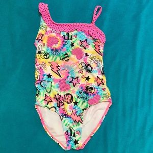 Girls bathing suit one piece graffiti neon colored
